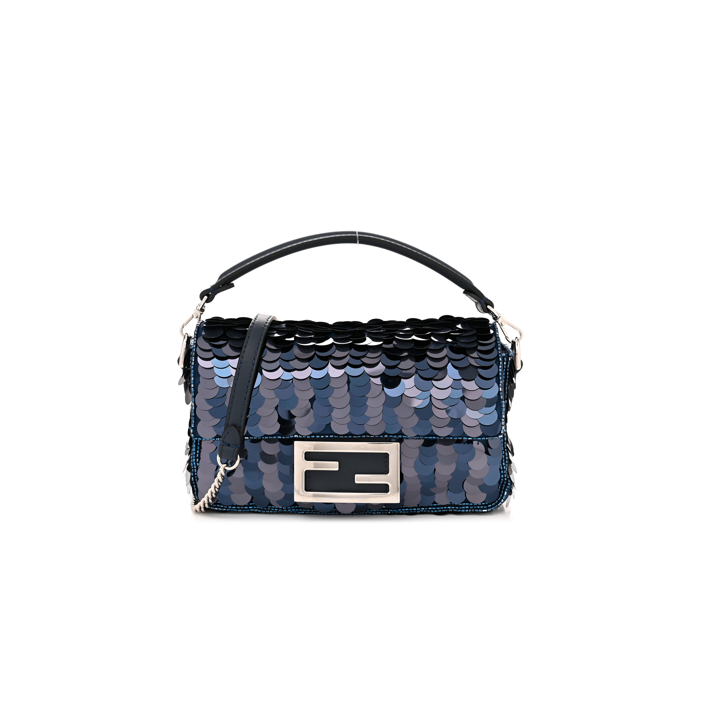 FENDI SEQUIN PAILLETTES VITELLO GRACE STRIPED MINI BAGUETTE DARK BLUE LUNAI (19*11*5cm) 